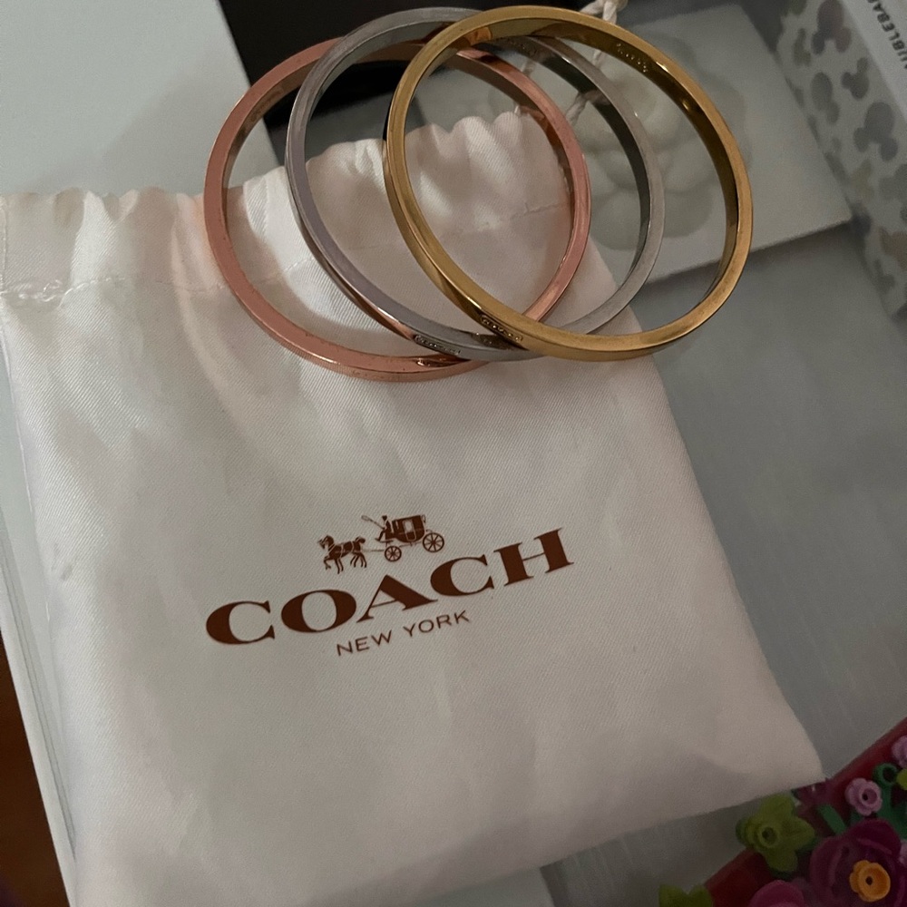 Coach Tri-Tone Bangle Bracelet Set — Gold, Silver, Rose Gold